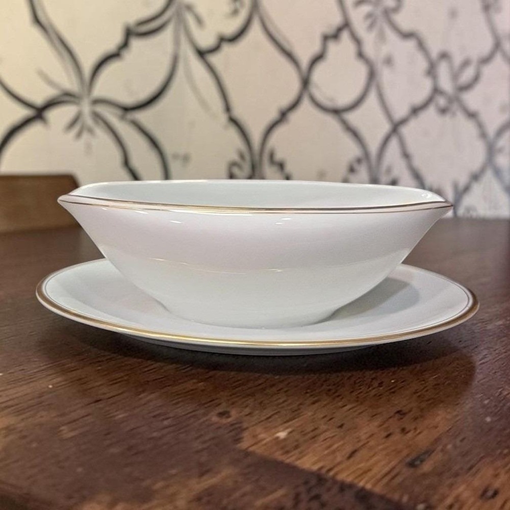 Noritake Bradford Gravy Boat #5182, Attached Underplate, Vtg Gold Bands Design